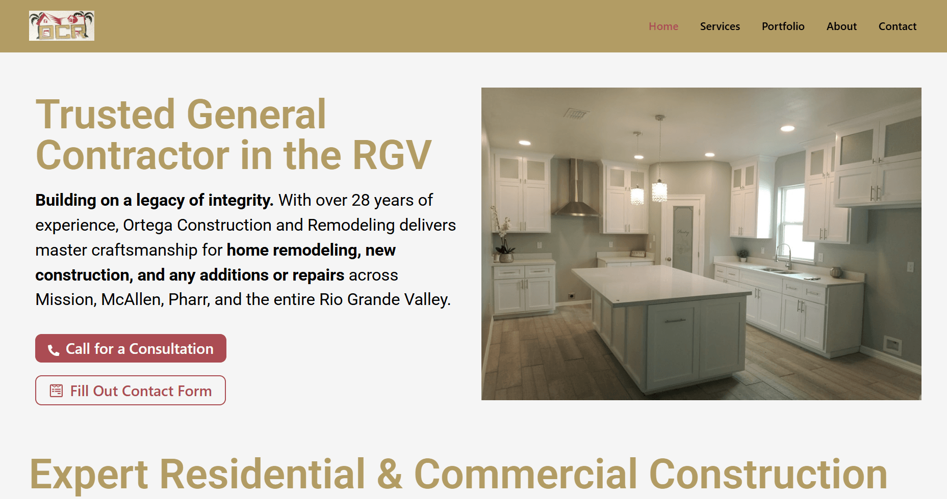 Ortega Construction and Remodeling high-performance portfolio site with fast-loading galleries, designed by Pharr TX web design expert Puente Web Solutions.