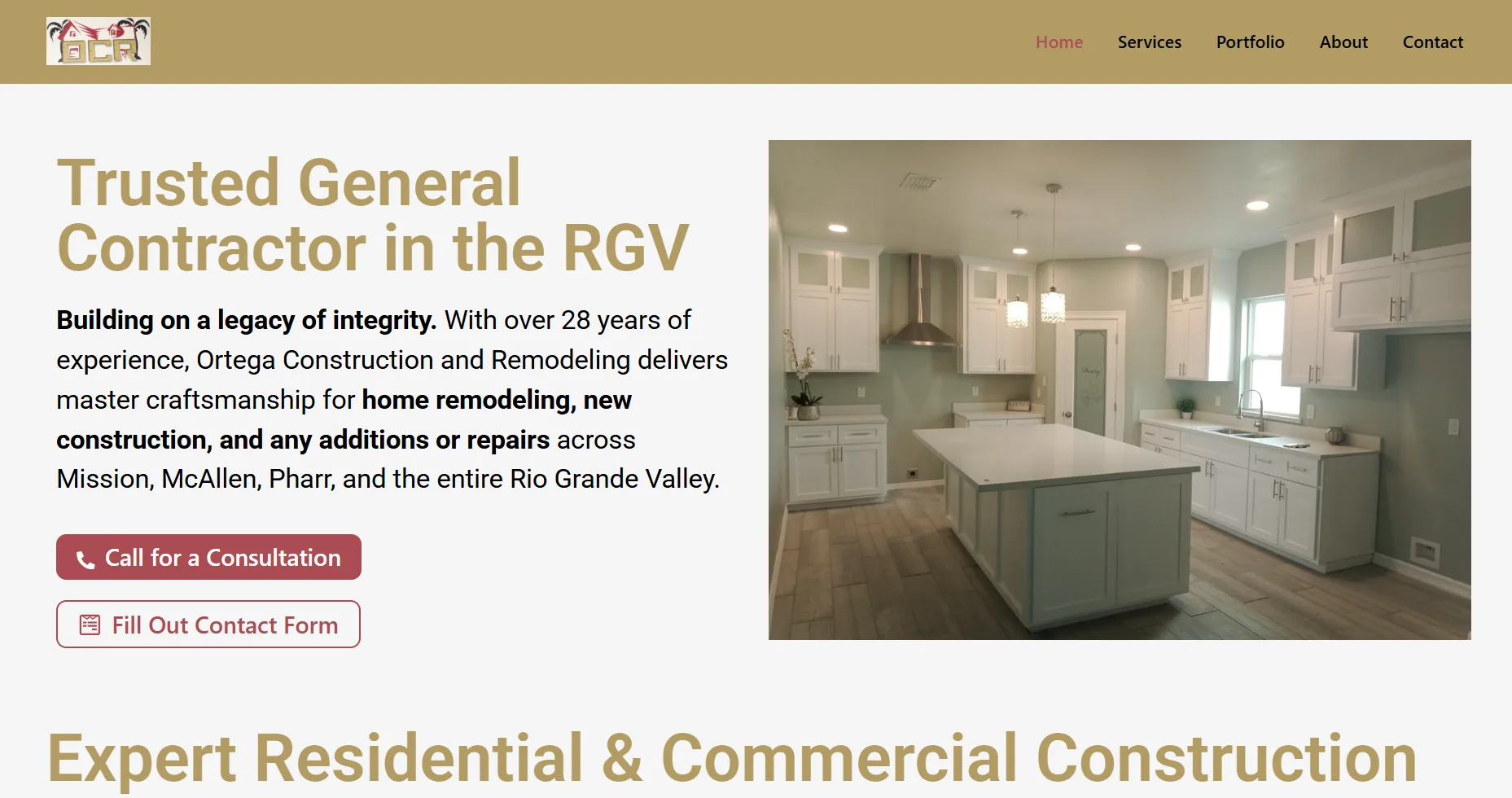 Ortega Construction and Remodeling high-performance portfolio site with fast-loading galleries, designed by Pharr TX web design expert Puente Web Solutions.